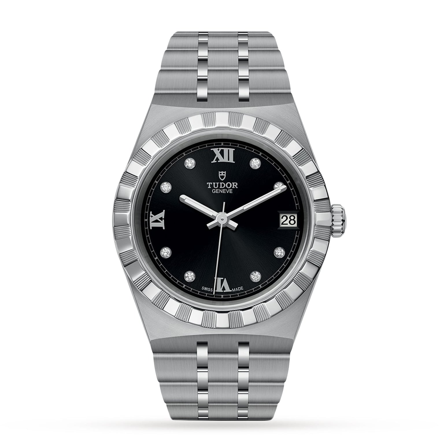 The TUDOR Royal is a stainless steel watch featuring a black dial, diamond hour markers, Roman numerals at 12, 6 & 9 o’clock, an integrated bracelet, and date at 3—a sophisticated automatic sport-chic timepiece.