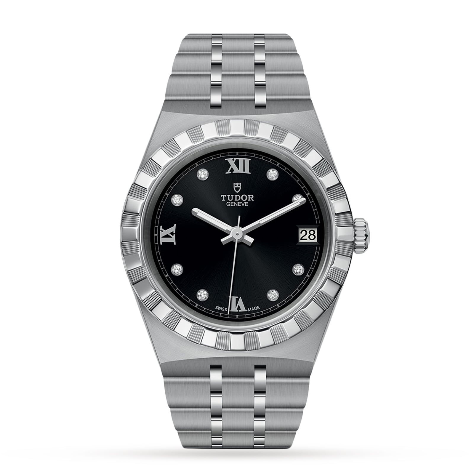 The TUDOR Royal is a stainless steel watch featuring a black dial, diamond hour markers, Roman numerals at 12, 6 & 9 o’clock, an integrated bracelet, and date at 3—a sophisticated automatic sport-chic timepiece.