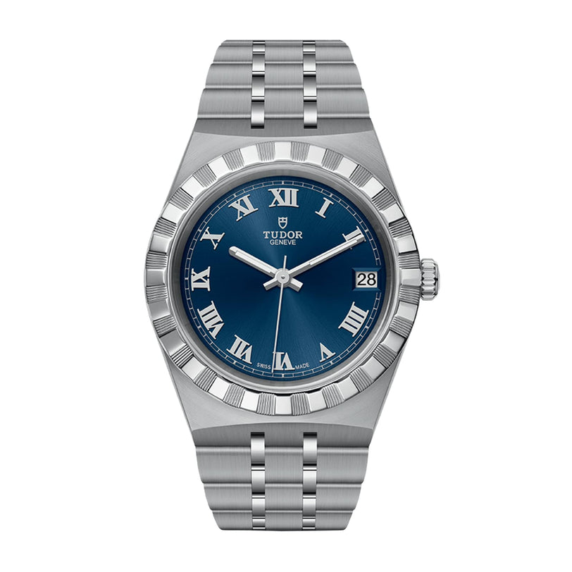 The TUDOR Royal is an automatic sport-chic watch with a stainless steel bracelet, blue dial featuring Roman numerals, and a date display at 3 o’clock.