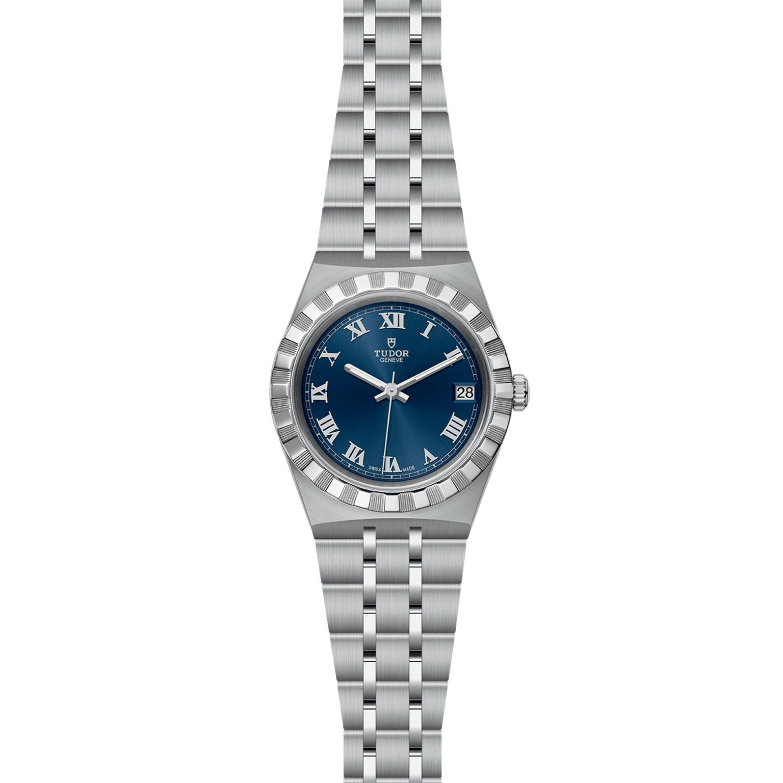 The TUDOR Royal is a stainless steel and gold wristwatch featuring a blue dial, Roman numerals, fluted bezel, date window at 3 o’clock, and embodies the automatic sport-chic style.