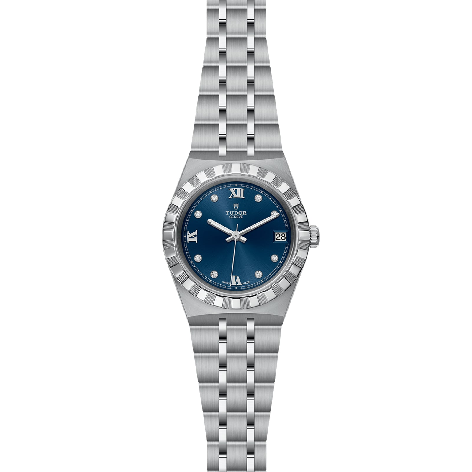 The TUDOR Royal is a silver automatic sport-chic wristwatch featuring a blue dial, Roman numerals, diamond hour markers, date window at 3 o’clock, and stainless steel bracelet—an elegant choice.