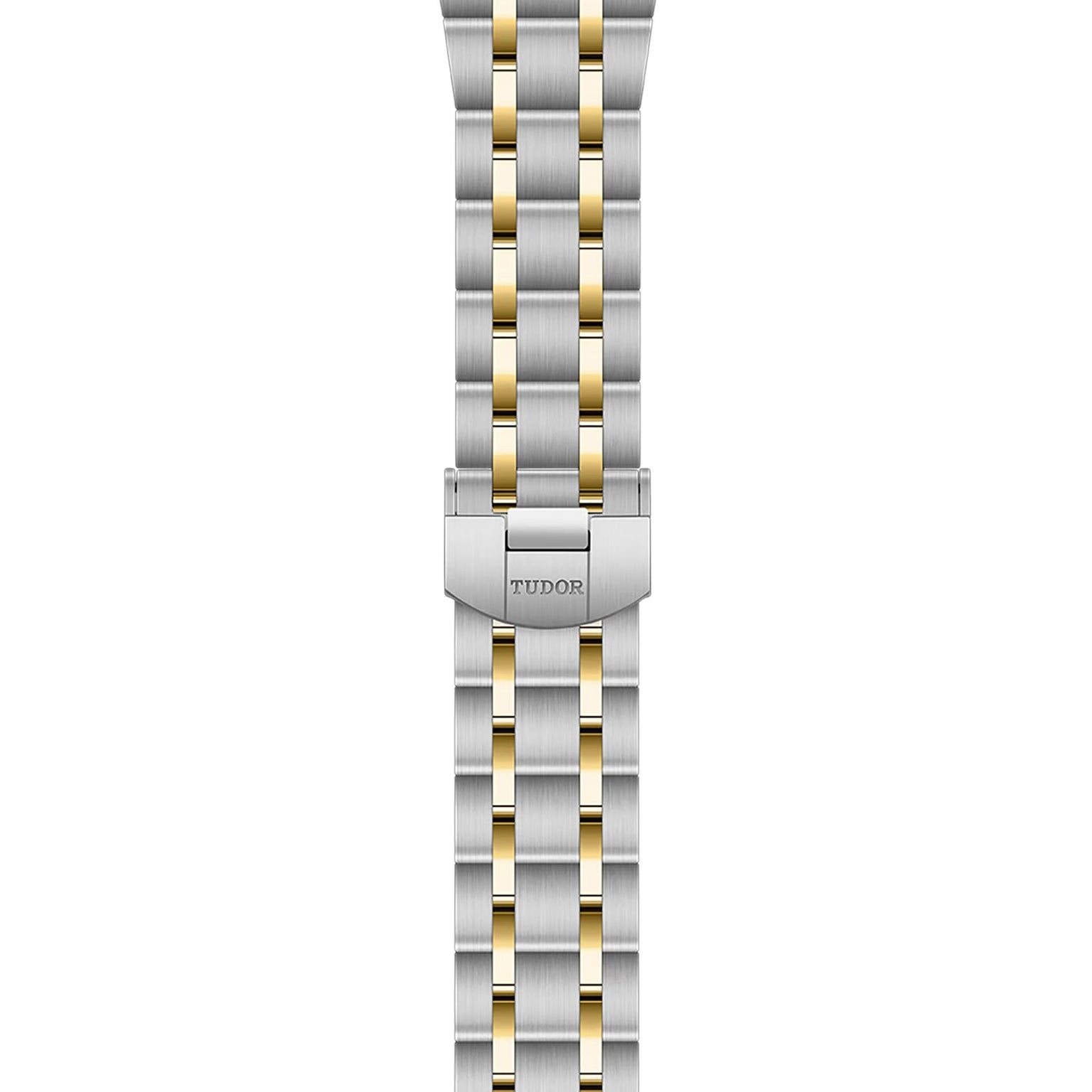 The TUDOR Royal bracelet features a clasp and alternating gold and stainless steel links, designed to complement TUDOR’s contemporary watch collections.