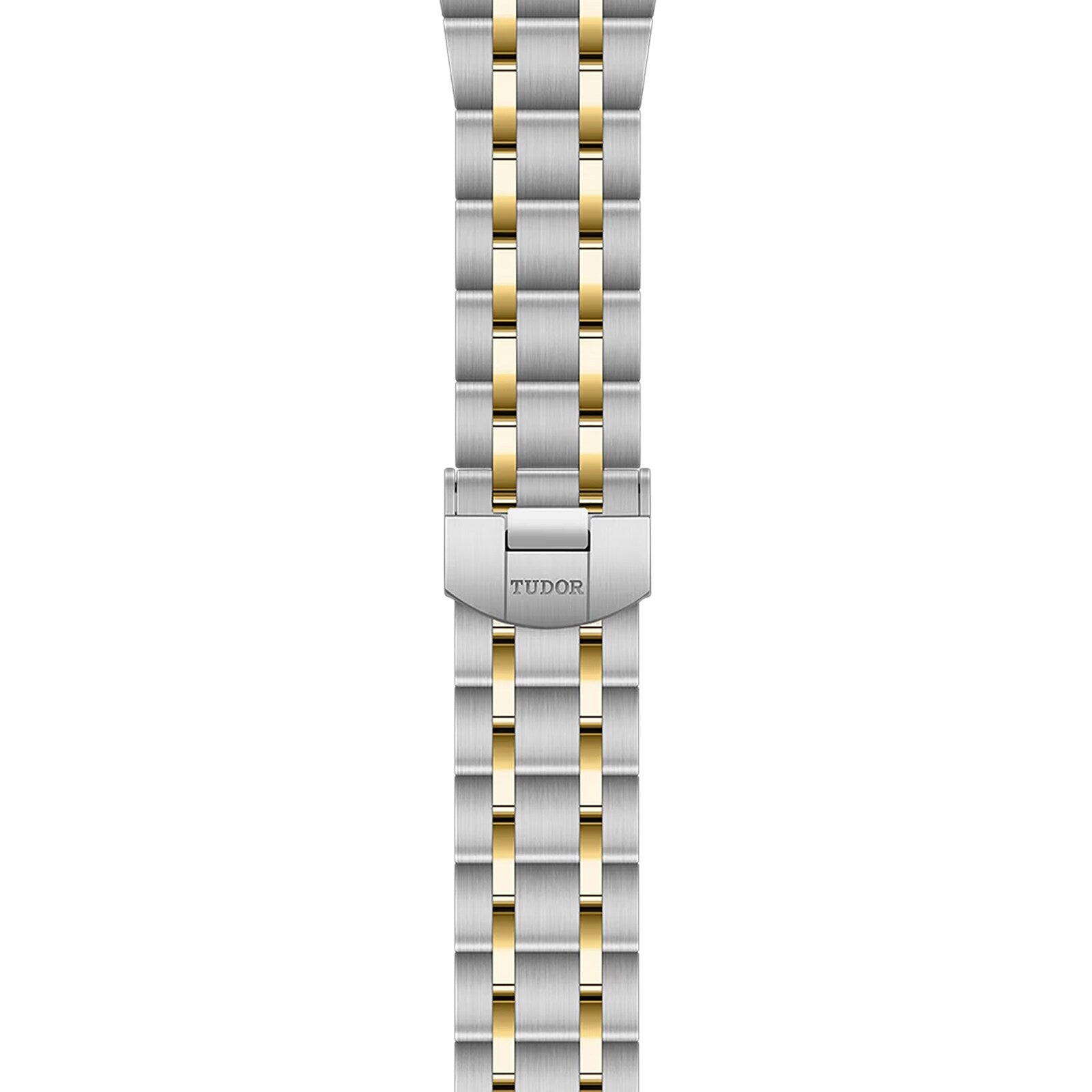 The TUDOR Royal bracelet features a clasp and alternating gold and stainless steel links, designed to complement TUDOR’s contemporary watch collections.