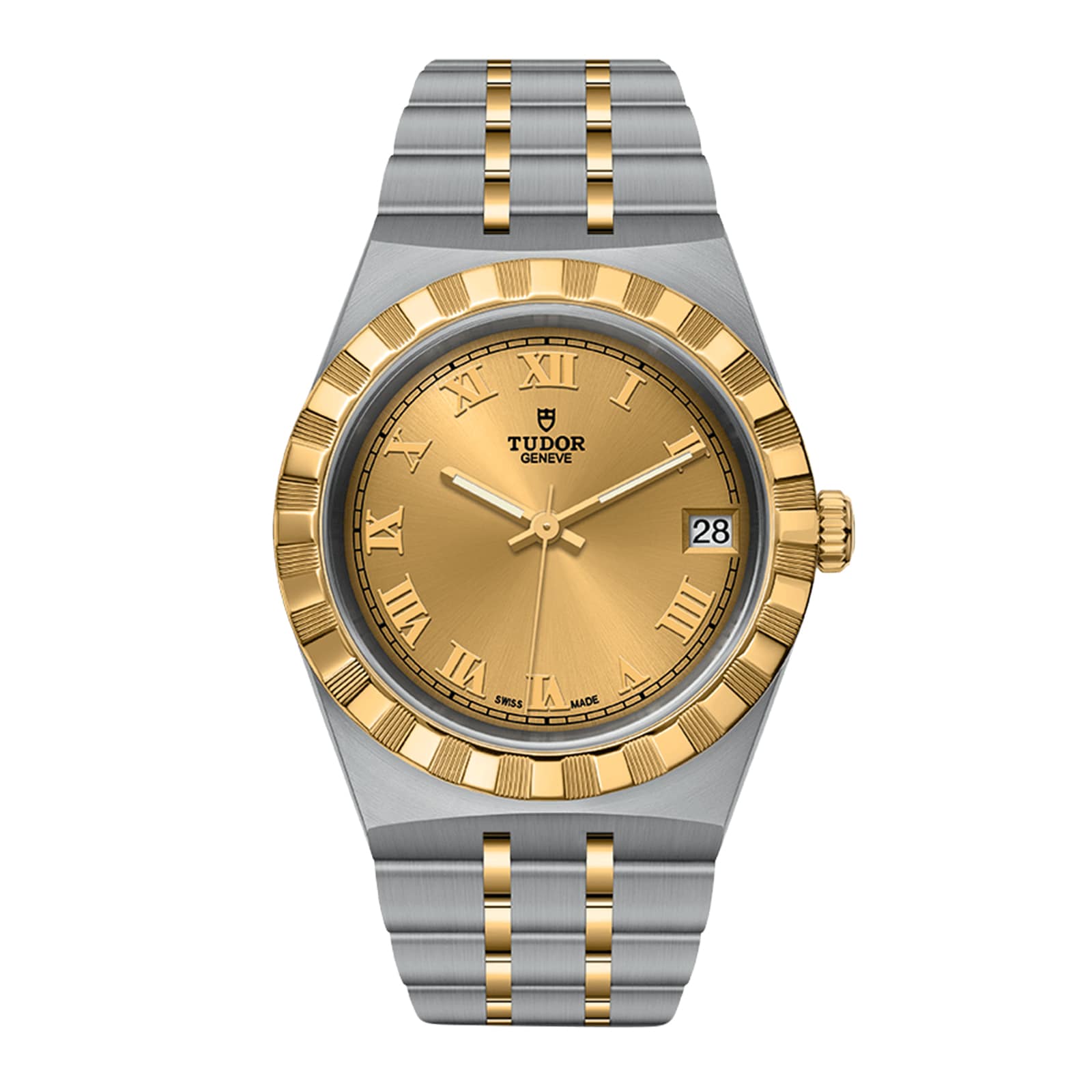 The TUDOR Royal wristwatch features a gold face with Roman numerals and a two-tone silver and gold metal band.