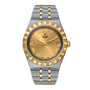 The TUDOR Royal wristwatch features a gold face with Roman numerals and a two-tone silver and gold metal band.