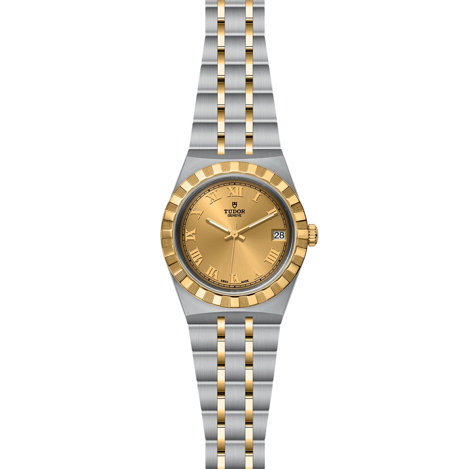 The TUDOR Royal is a two-tone wristwatch featuring a gold dial with gold Roman numerals, a date window at 3 o’clock, and a stainless steel and gold bracelet—an elegant automatic sport-chic timepiece.