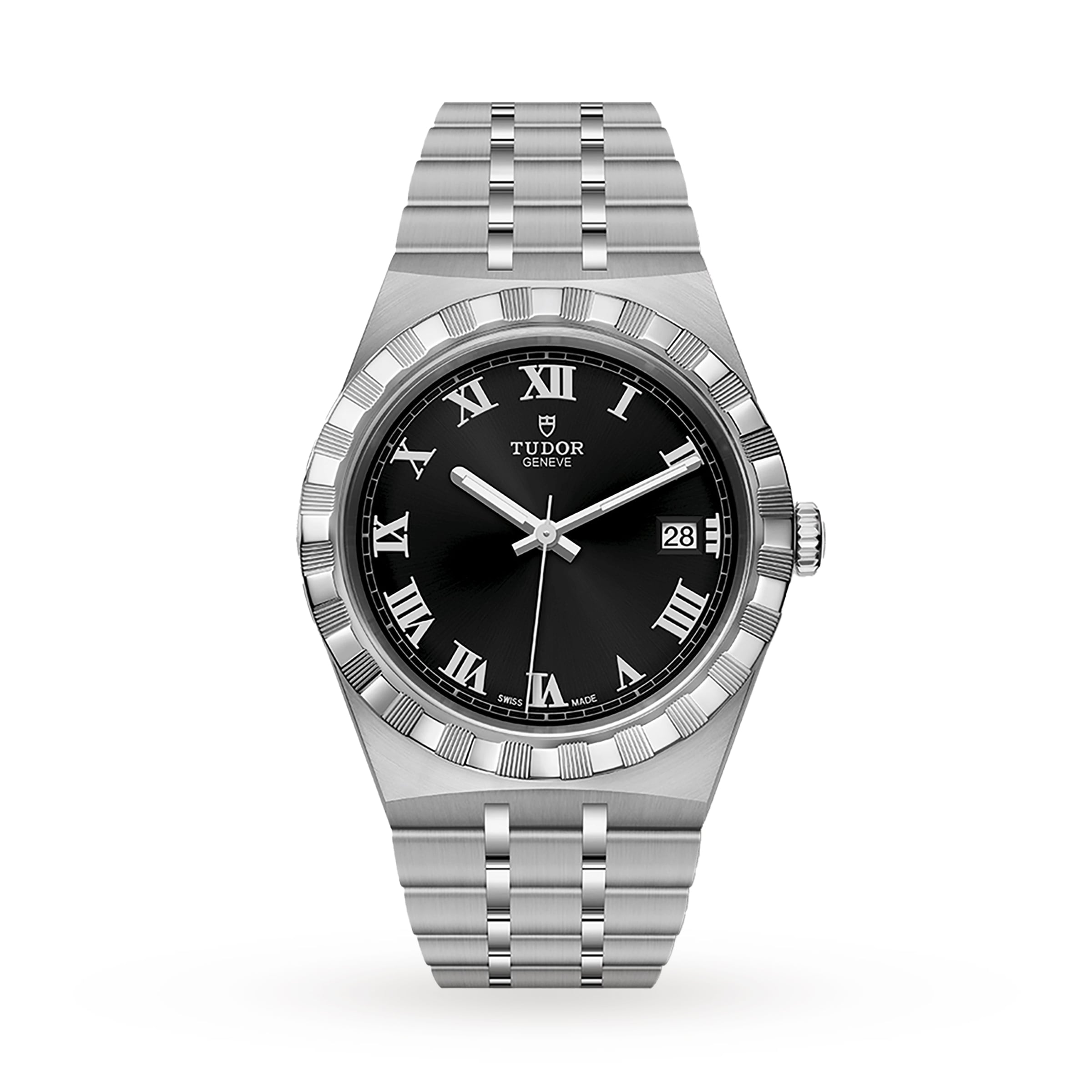 The TUDOR Royal wristwatch features a stainless steel case, black dial with silver Roman numerals, date at 3 oclock, automatic movement, and link bracelet, offering sport chic style against a white background.