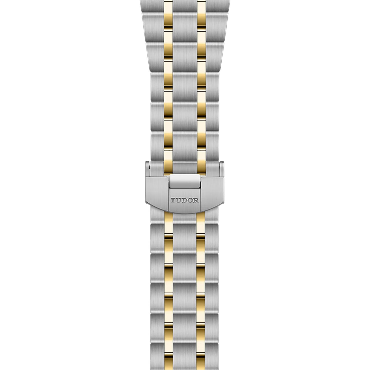 The TUDOR Royal is a two-tone bracelet with alternating silver and gold links. Featuring a clasp engraved with the Tudor logo, it perfectly complements Black Bay automatic sportchic watches.