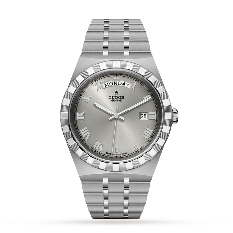 The TUDOR Royal is a silver wristwatch featuring an integrated stainless steel bracelet, Roman numeral markers, day display at 12 o’clock, and date window at 3—a standout automatic sport-chic watch.