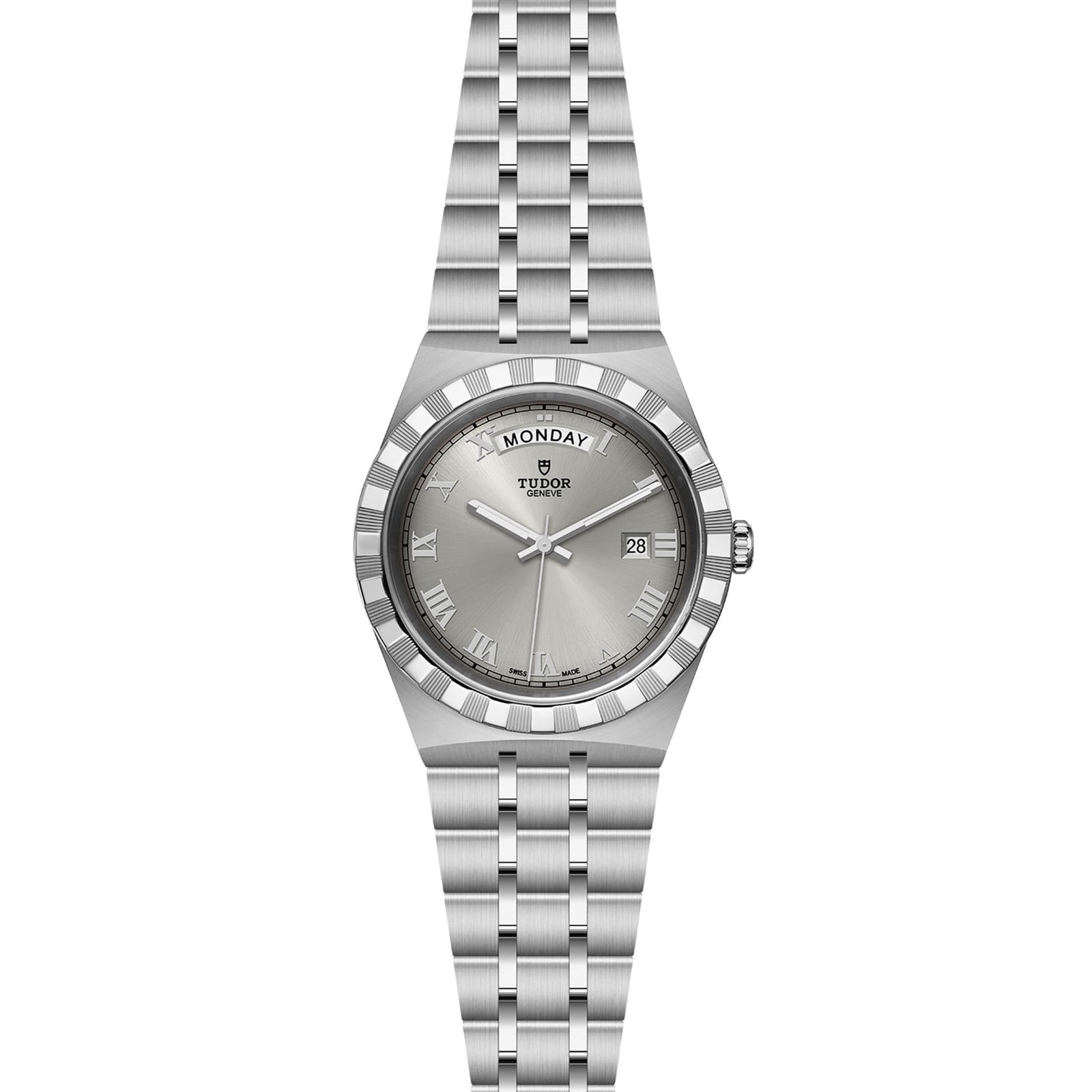 The TUDOR Royal is a silver wristwatch with integrated bracelet, Roman numeral hour markers, day at 12 o’clock, date at 3 o’clock, and automatic movement—sport-chic style combining classic elegance with modern flair.