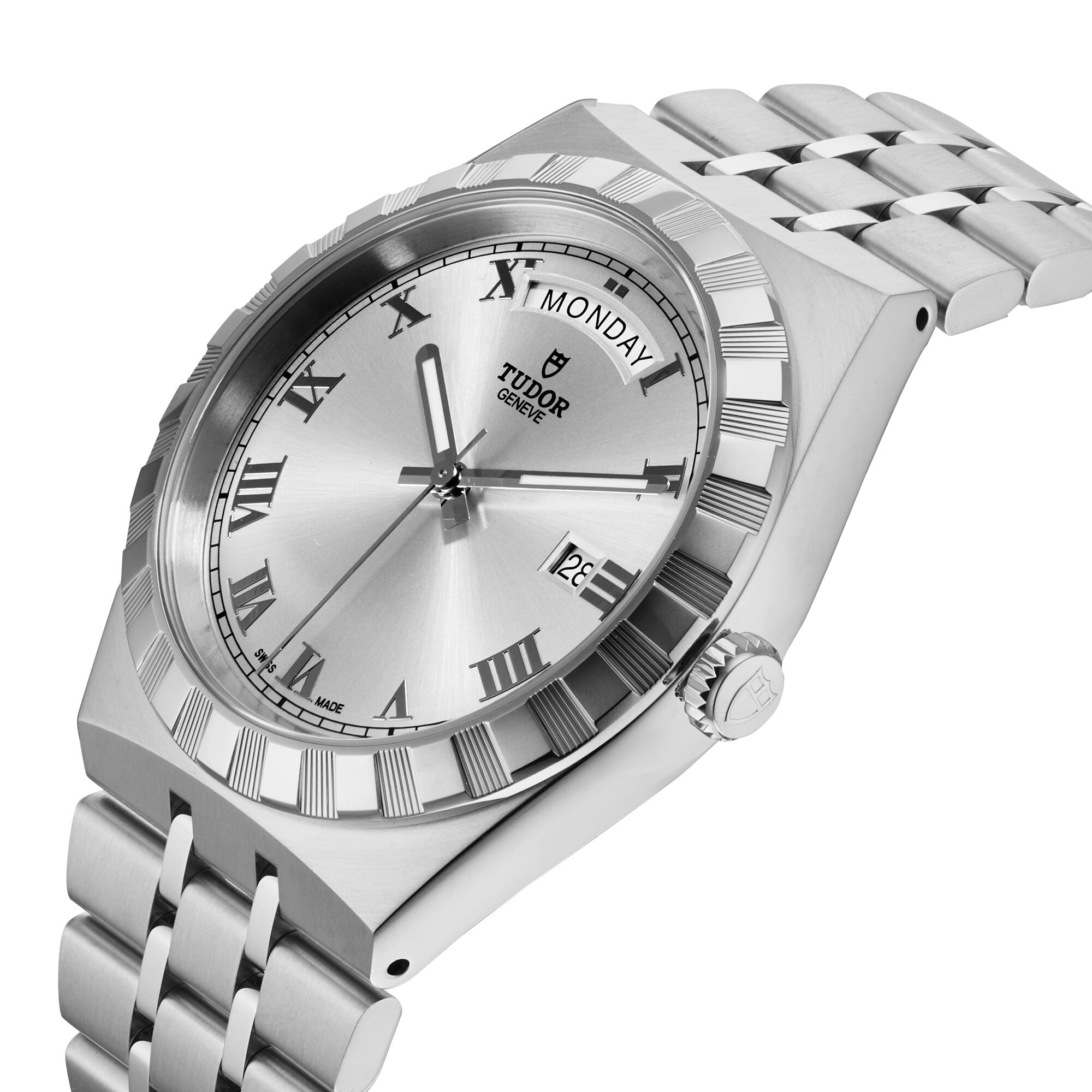 A TUDOR Royal wristwatch featuring a fluted bezel, integrated metal bracelet, Roman numeral markers, and a day-date display.