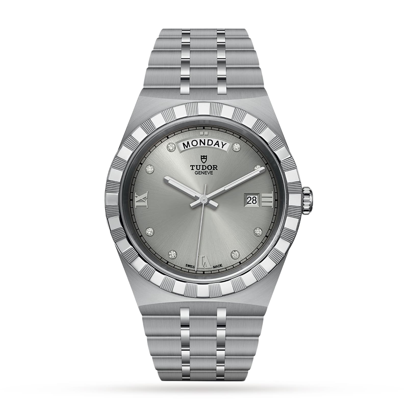 The TUDOR Royal is a silver automatic wristwatch with a stainless steel bracelet, sunburst gray dial, diamond hour markers, day display at 12 o’clock, and date window at 3 o’clock.