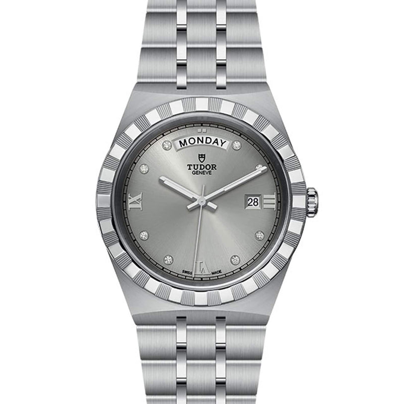 The TUDOR Royal is a silver wristwatch with an integrated bracelet, featuring a silver dial with diamond hour markers, day at 12 o’clock, and date at 3 o’clock—an automatic sport-chic statement.