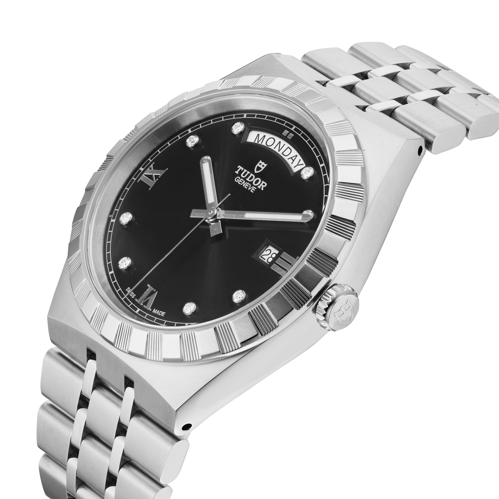 A TUDOR Royal wristwatch featuring a black dial, diamond hour markers, day and date display, and a stainless steel bracelet—an elegant, sport-chic automatic timepiece.