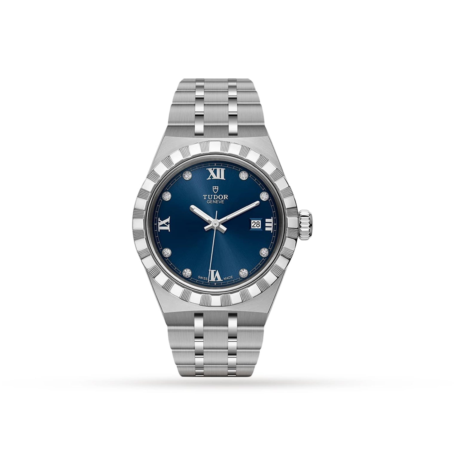 The TUDOR Royal is a stainless steel automatic watch featuring a blue dial with Roman numerals, a date display at 3 oclock, and an integrated bracelet—a sophisticated sport-chic timepiece.