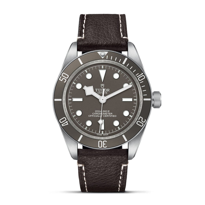 The TUDOR Black Bay 58 925 dive watch features a 39mm case, matte grey dial, rotating bezel, and a brown leather strap with white stitching, displayed on a white background.