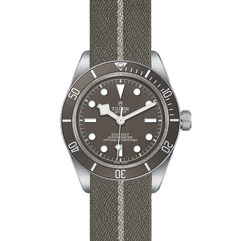 The TUDOR Black Bay 58 925 is a divers’ watch featuring a gray dial with white markers, a 39 mm case, rotating bezel, and a gray fabric strap with a white central stripe.