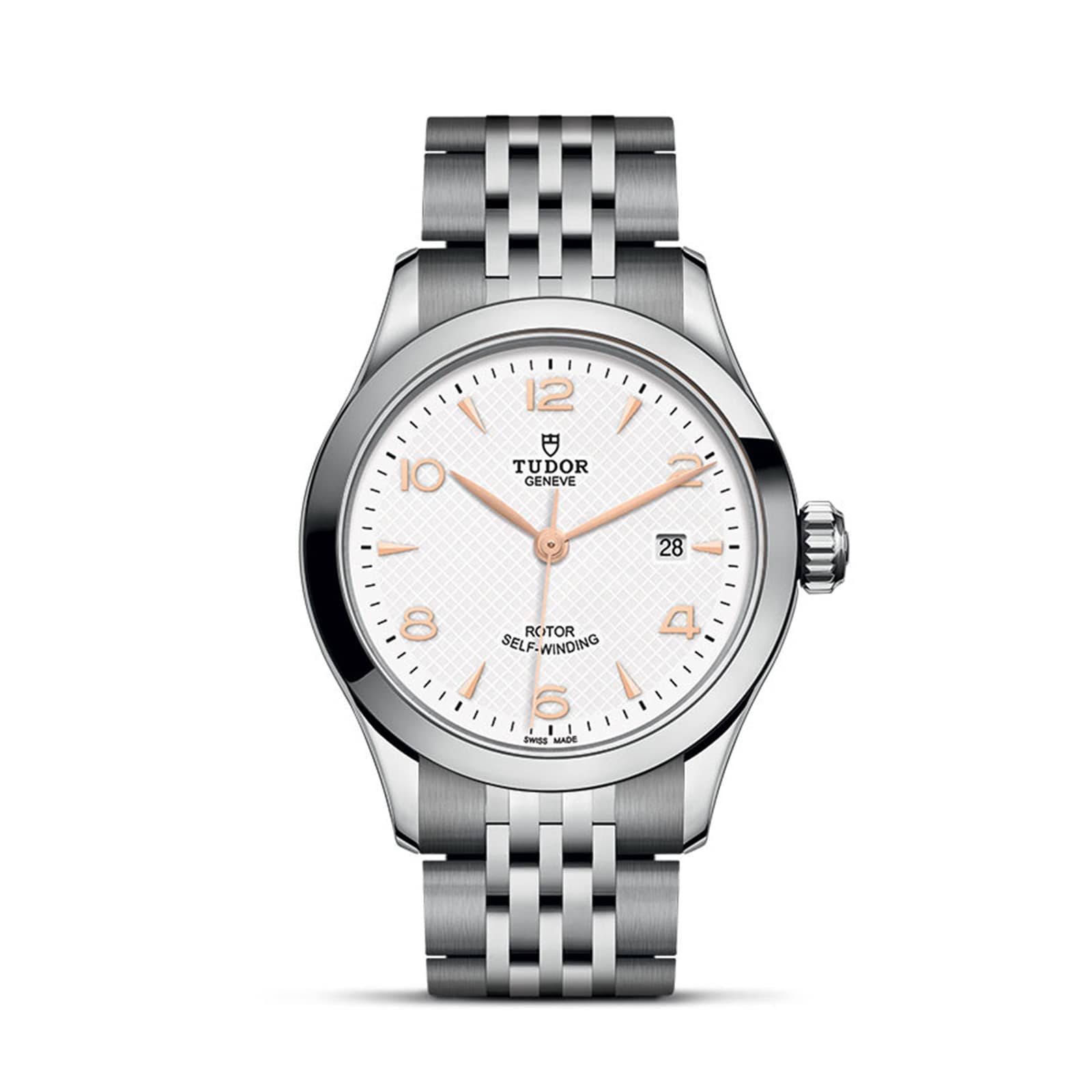 The TUDOR 1926 is a classic, elegant stainless steel wristwatch featuring a white dial, gold hour markers, date at 3 o’clock, and a metal bracelet—capturing the timeless appeal of TUDOR.