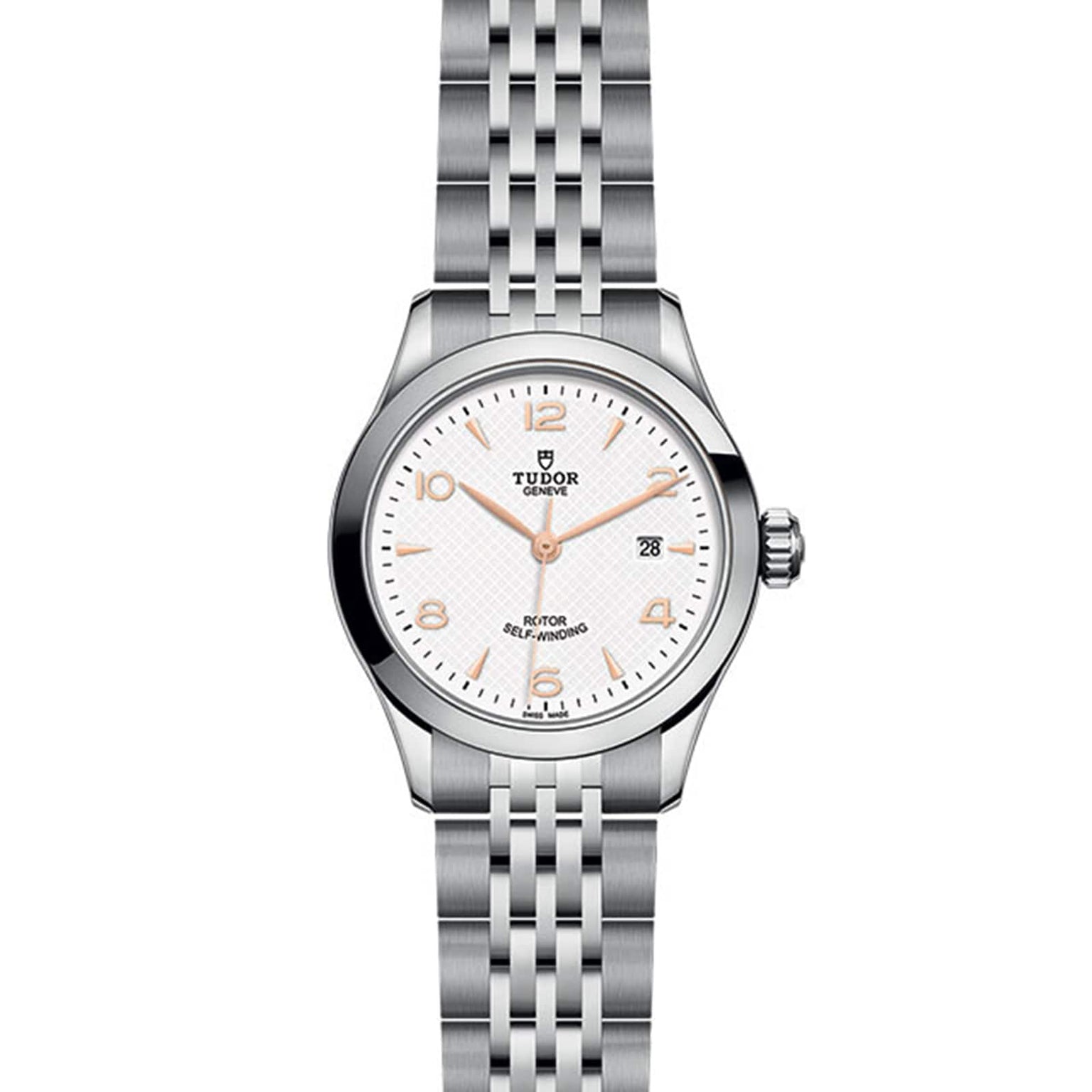 The TUDOR 1926 is a classic wristwatch with a stainless steel case, white dial, date at 3 o’clock, and silver metal bracelet—ideal for those who appreciate timeless mechanical watches.