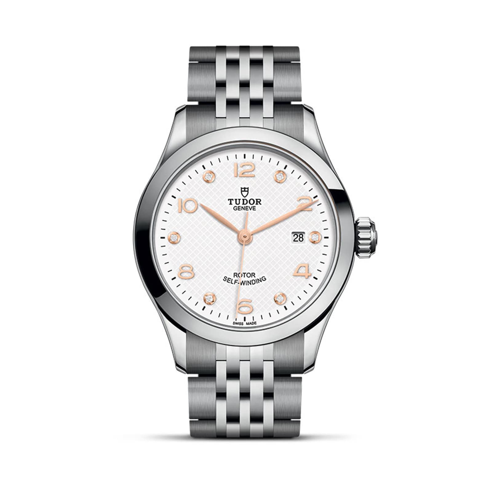 The TUDOR 1926 wristwatch features a silver metal bracelet, white textured dial, rose gold markers and hands, plus a date window at 3 o’clock—showcasing refined mechanical elegance.