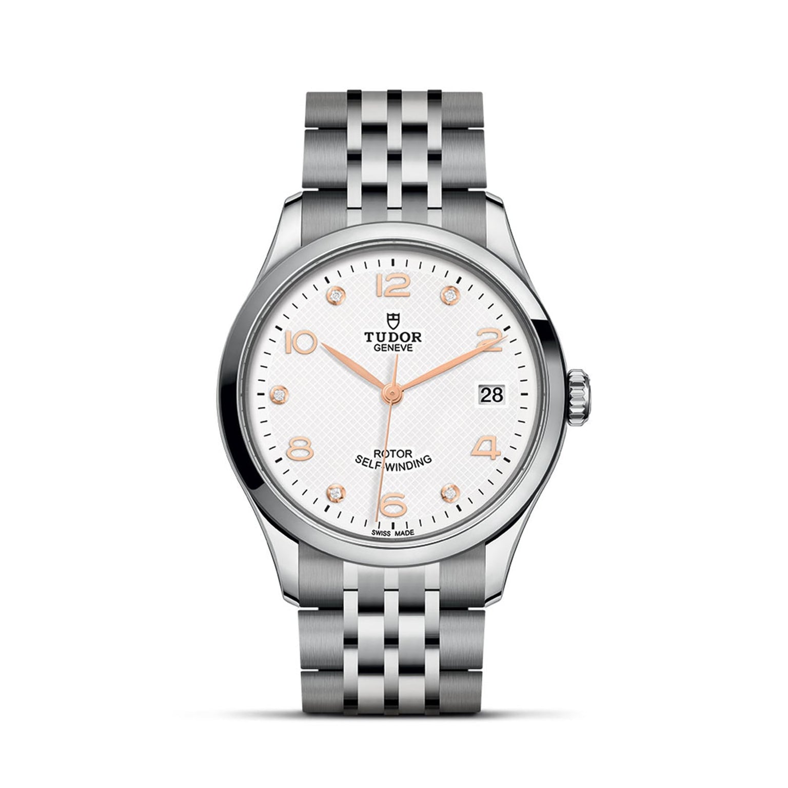 The TUDOR 1926 is a silver wristwatch with a white textured dial, gold hands and markers, date at 3 o’clock, and stainless steel bracelet—a timeless pick for mechanical watch enthusiasts.
