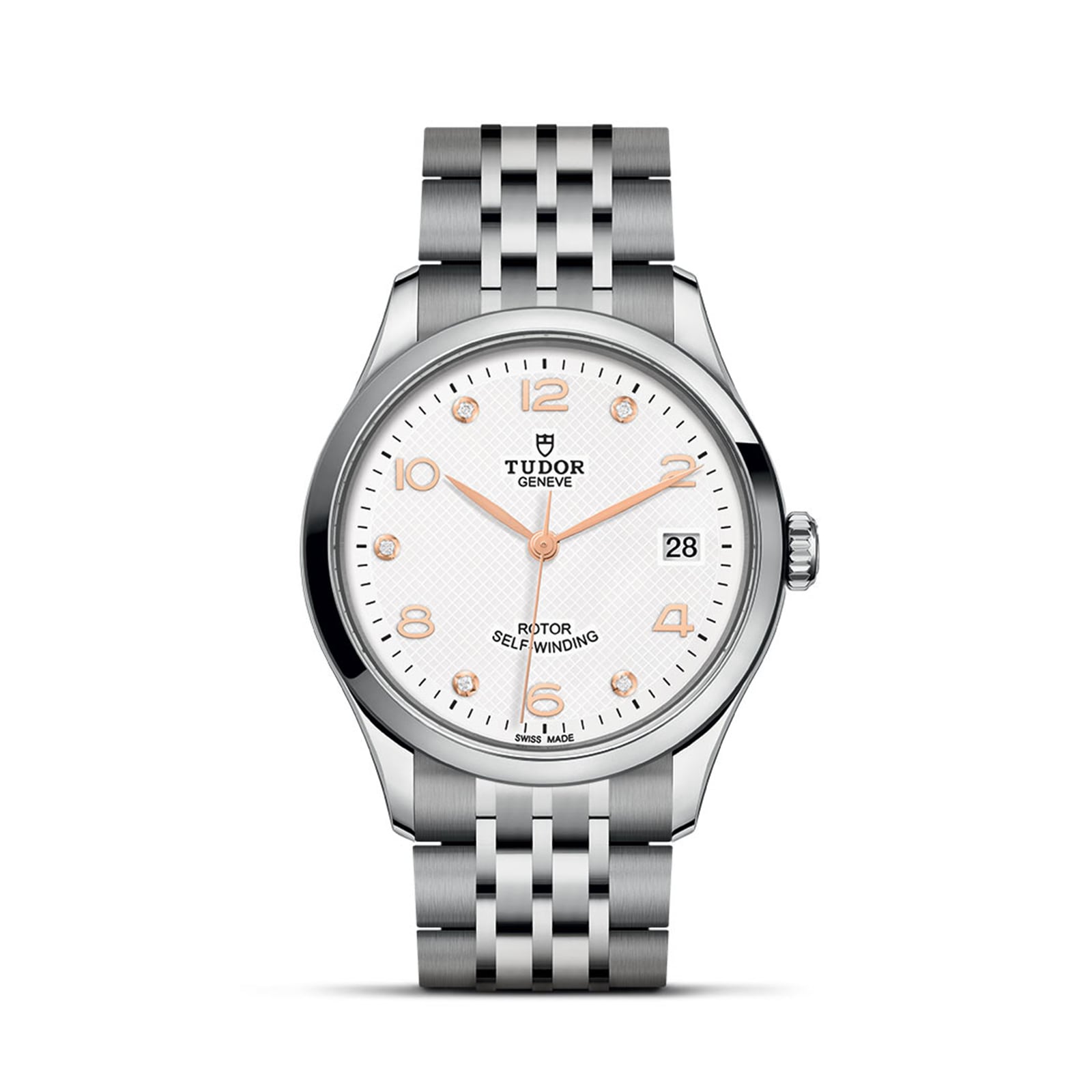 The TUDOR 1926 is a silver wristwatch with a white textured dial, gold hands and markers, date at 3 o’clock, and stainless steel bracelet—a timeless pick for mechanical watch enthusiasts.