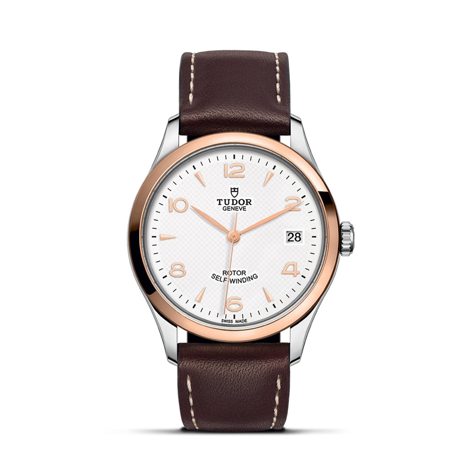 The TUDOR 1926 wristwatch features a brown leather strap, white dial, gold bezel, and date display at 3 oclock.