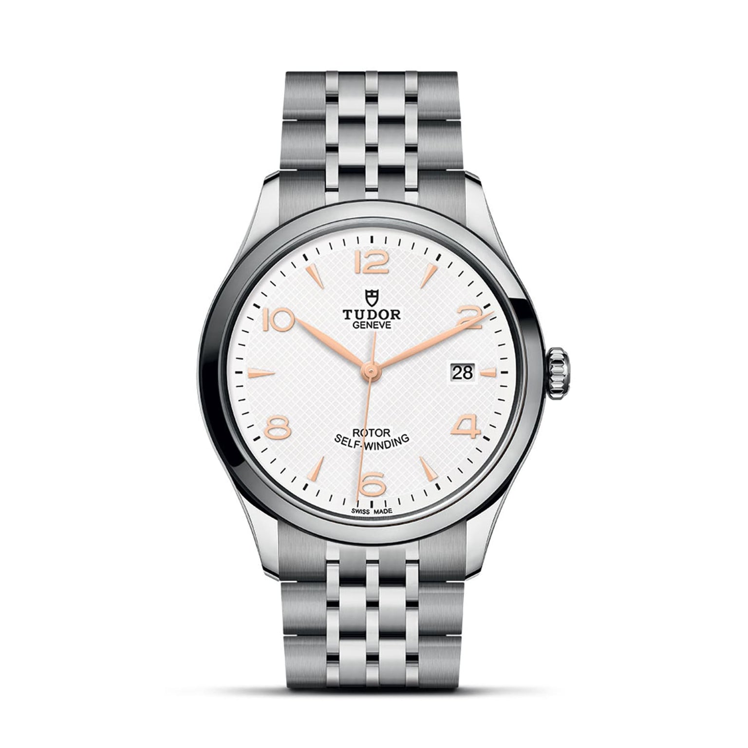 The TUDOR 1926 is a timeless stainless steel wristwatch featuring a white textured dial, gold-tone hour markers, date at 3 o’clock, and a silver link bracelet—ideal for fans of classic mechanical watches.