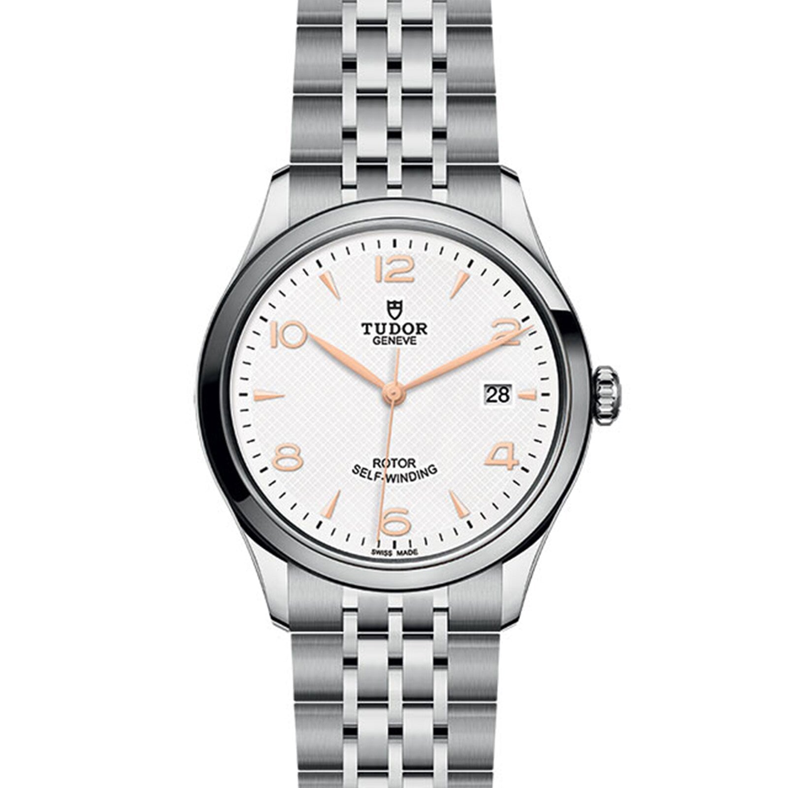 The TUDOR 1926 is a stainless steel wristwatch with a white dial, gold hour markers, date display at 3 oclock, and a silver link bracelet.