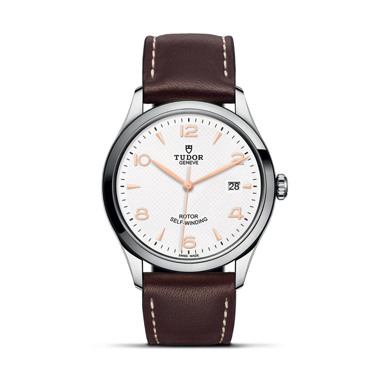 The TUDOR 1926 is a classic wristwatch featuring a white dial, silver bezel, brown leather strap, gold-tone hands and markers, plus a date window at 3 o’clock—ideal for mechanical watch enthusiasts.