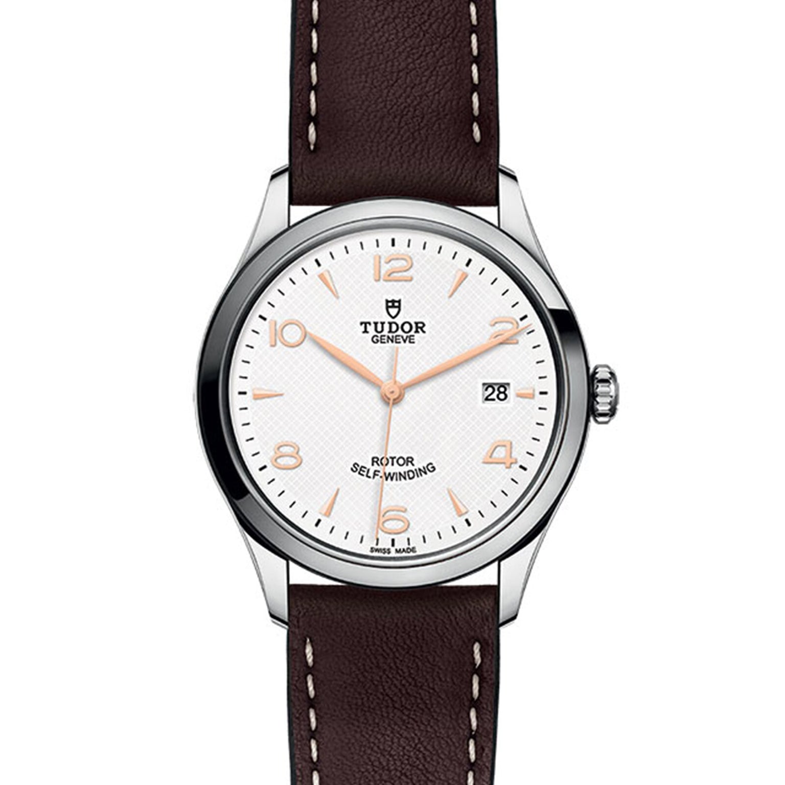 The TUDOR 1926 is a classic, elegant wristwatch featuring a white dial, brown leather strap, silver case, gold hour markers, and a date display at 3 o’clock—an ideal choice for mechanical watch enthusiasts. Marked ROTOR SELF-WINDING.