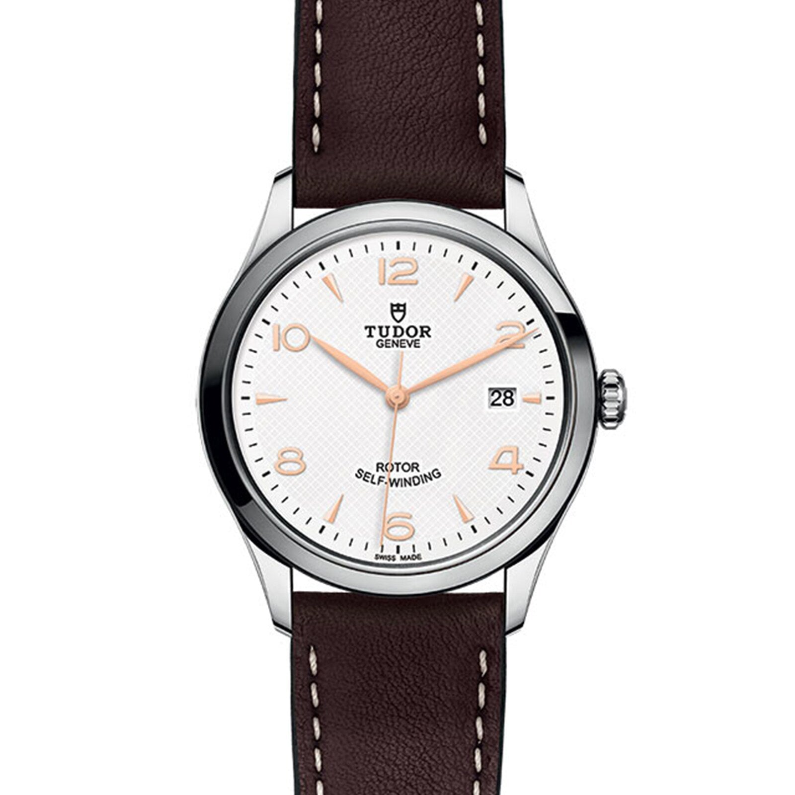 The TUDOR 1926 is a classic, elegant wristwatch featuring a white dial, brown leather strap, silver case, gold hour markers, and a date display at 3 o’clock—an ideal choice for mechanical watch enthusiasts. Marked ROTOR SELF-WINDING.