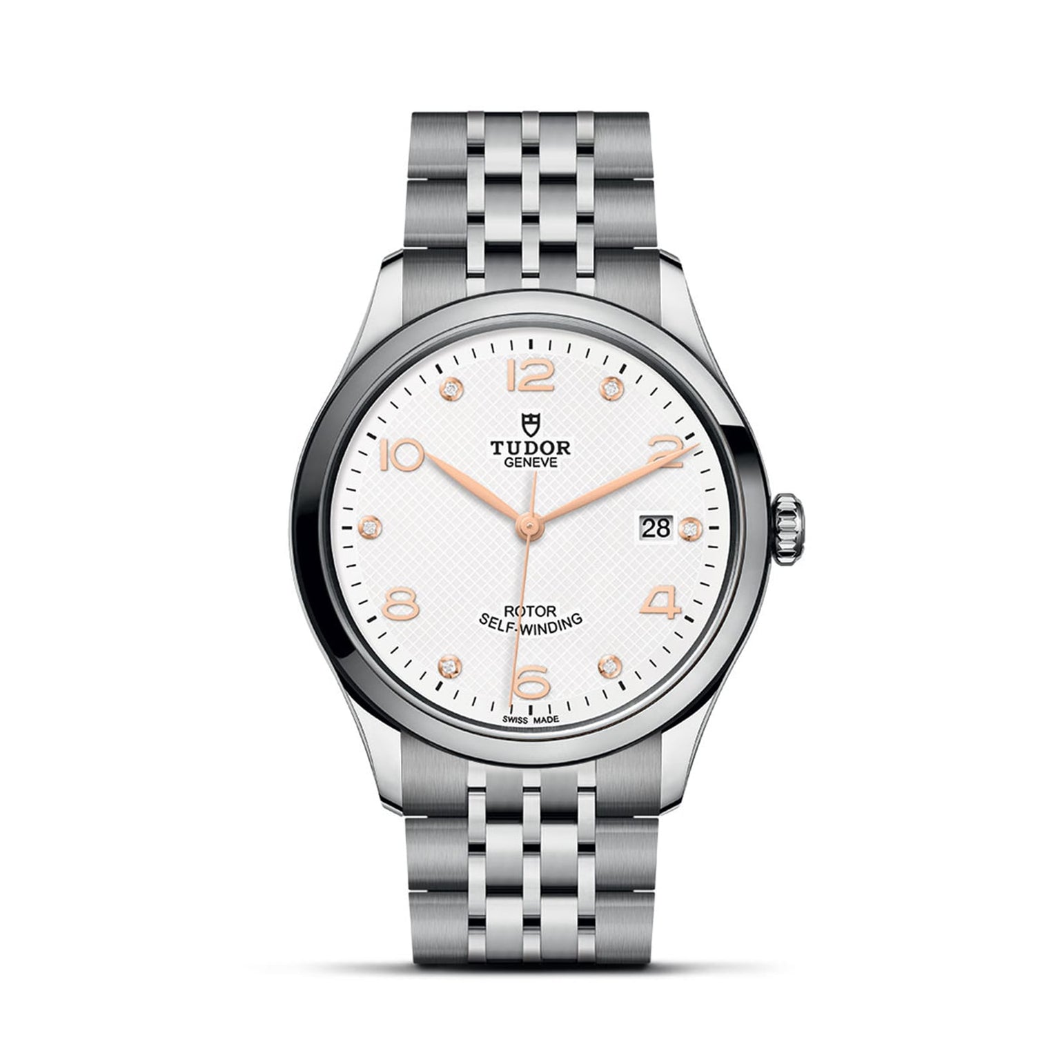 The TUDOR 1926 is a stainless steel wristwatch featuring a white textured dial, gold-tone hands and markers, a date window at 3 o’clock, and a silver link bracelet—a classic from the renowned TUDOR collection.