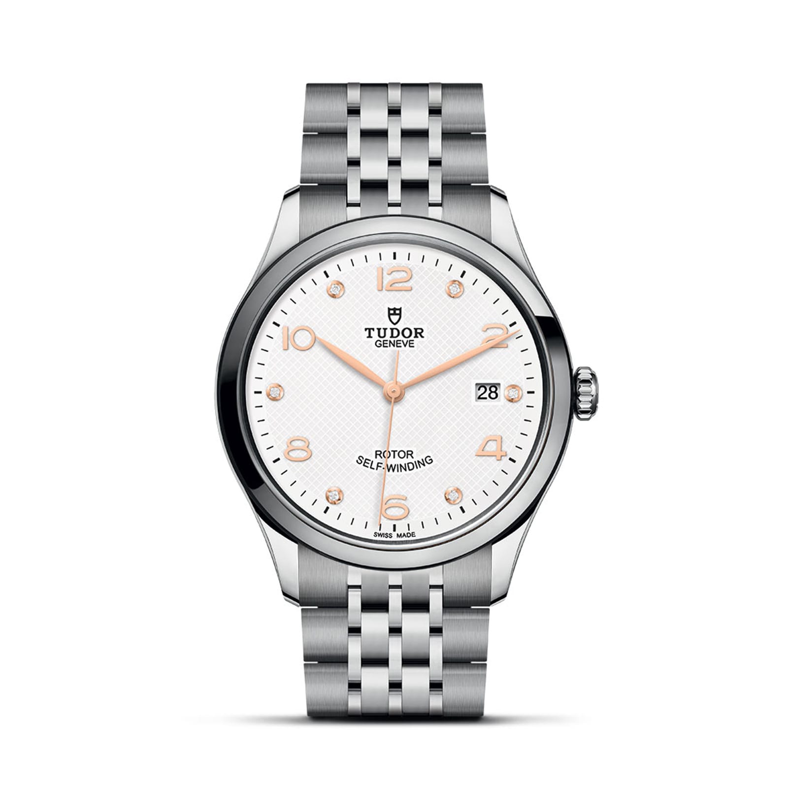 The TUDOR 1926 is a stainless steel wristwatch featuring a white textured dial, gold-tone hands and markers, a date window at 3 o’clock, and a silver link bracelet—a classic from the renowned TUDOR collection.