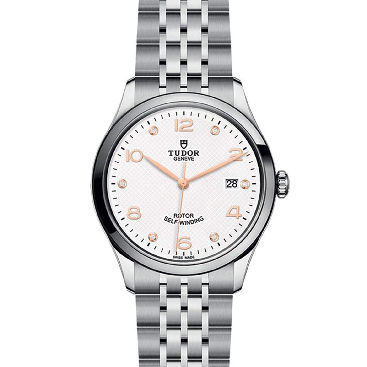 The TUDOR 1926 is a classic, elegant wristwatch with a silver metal bracelet, white textured dial, gold-tone indices and hands, and a date window at 3 o’clock—ideal for fans of finely crafted timepieces.