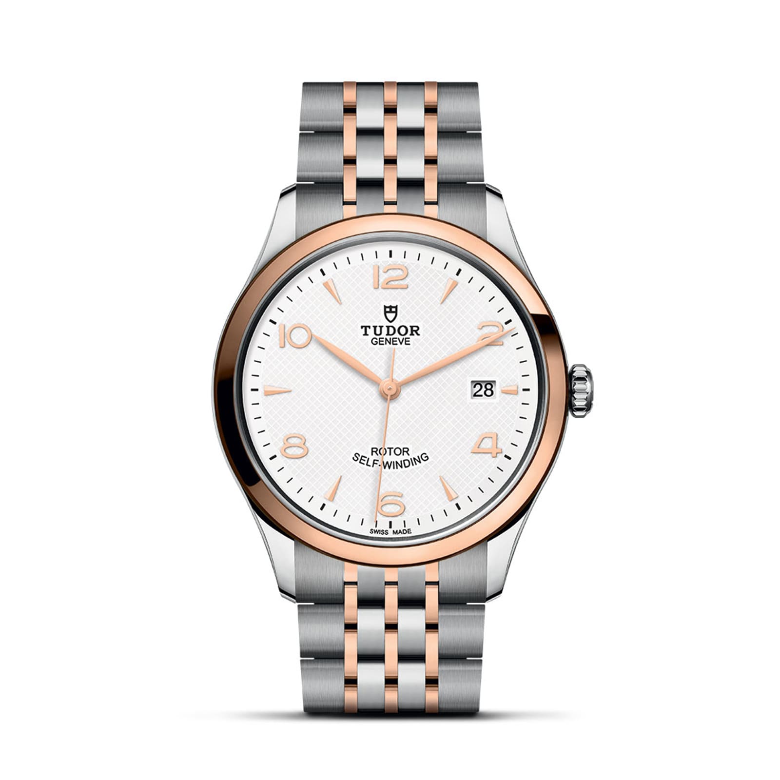 The TUDOR 1926 is a classic two-tone wristwatch featuring a white textured dial, date at 3 o’clock, and a silver and rose gold bracelet—a timeless choice for mechanical watch enthusiasts.