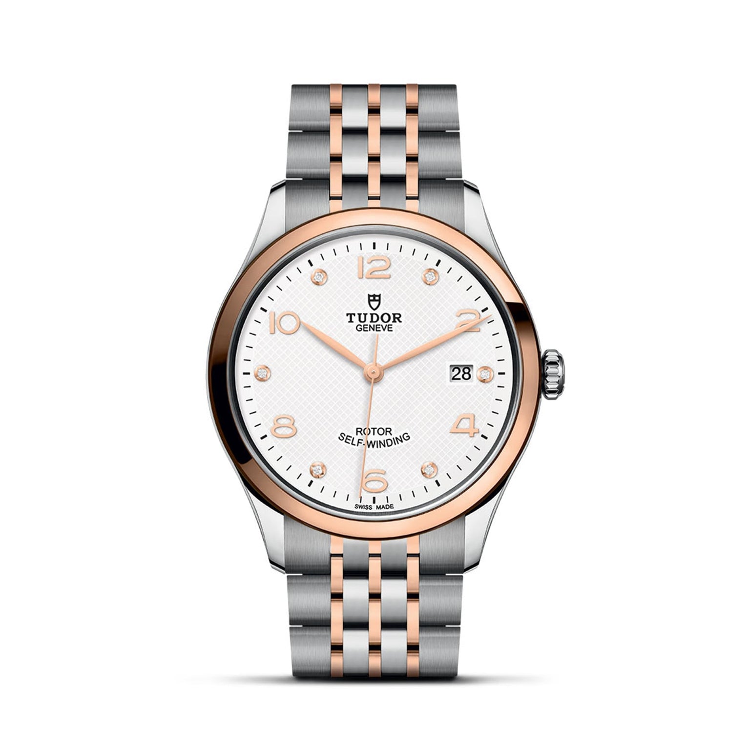 The TUDOR 1926 wristwatch features a silver and rose gold bracelet with a white date dial.