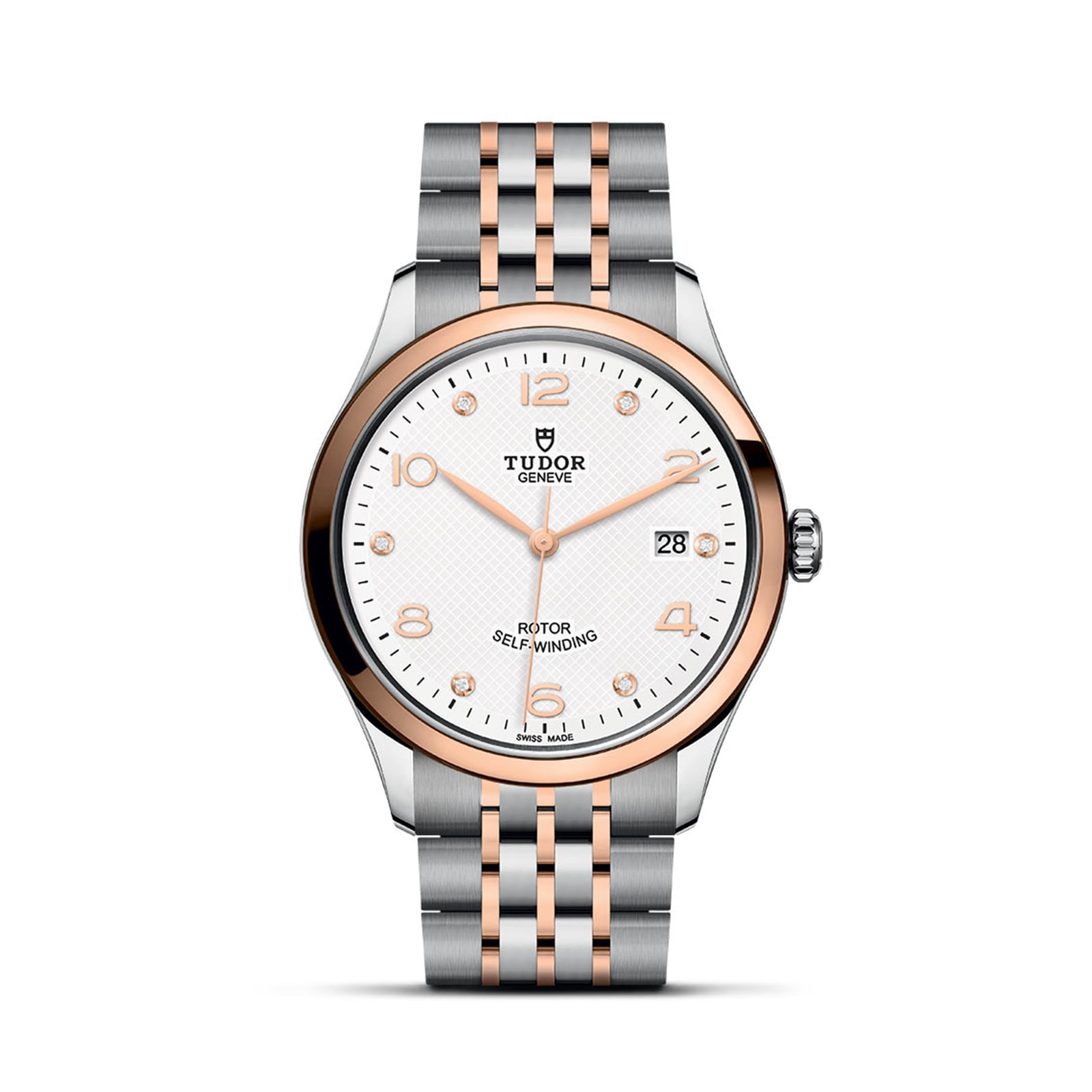 The TUDOR 1926 wristwatch features a silver and rose gold bracelet with a white date dial.
