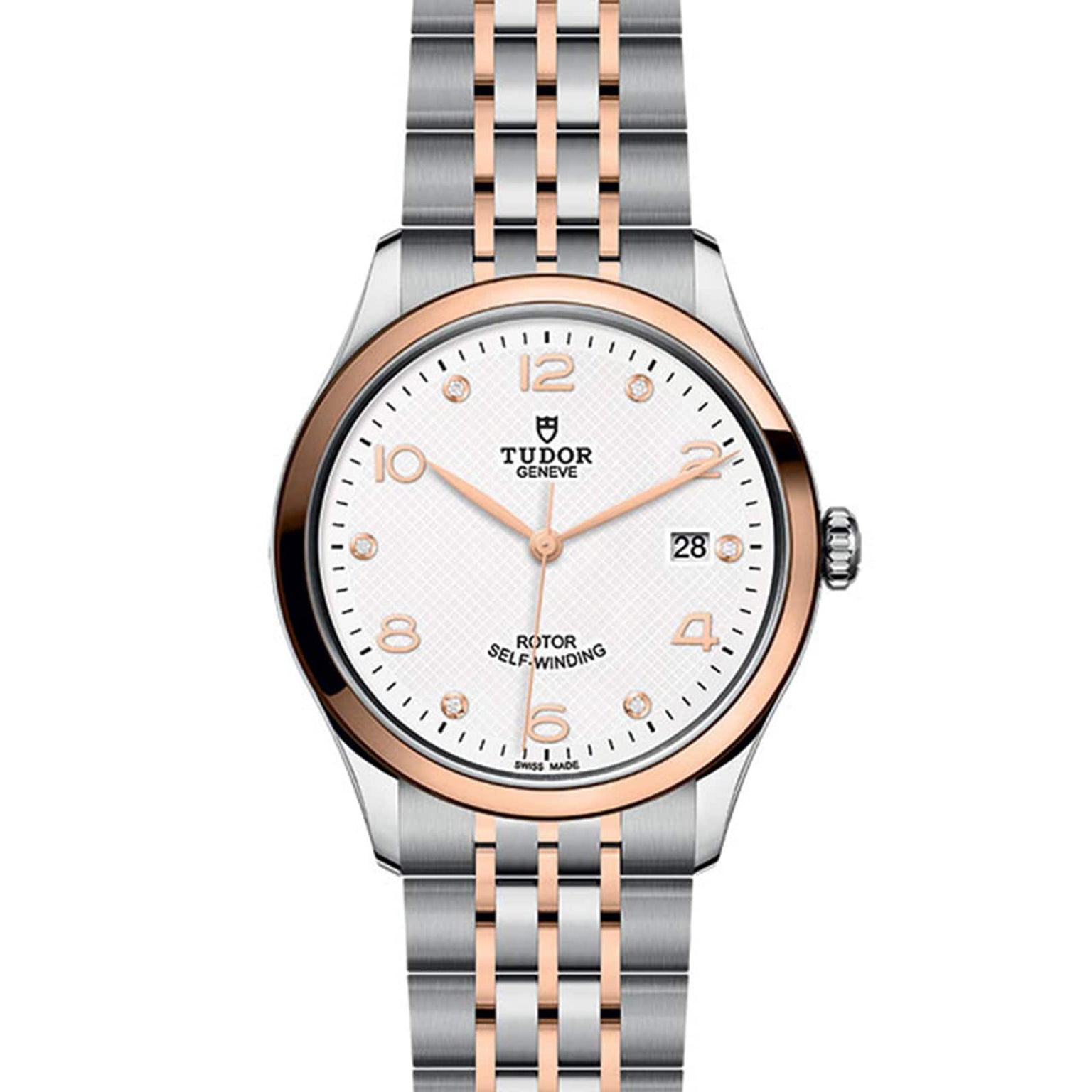 The TUDOR 1926 wristwatch features a white dial, gold accents, date at 3 o’clock, and a two-tone silver and rose gold bracelet—a timeless choice for mechanical watch enthusiasts.