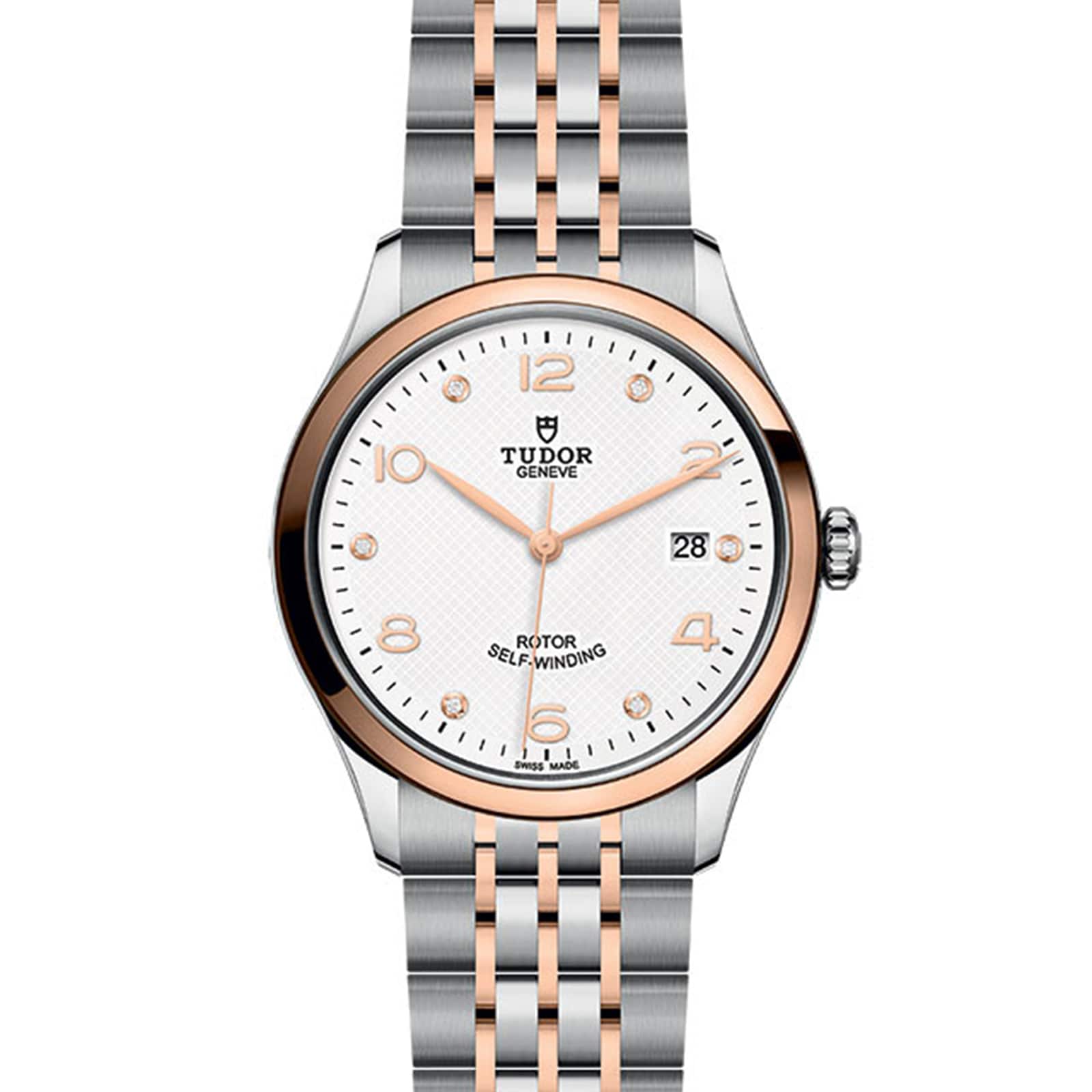 The TUDOR 1926 wristwatch features a white dial, gold accents, date at 3 o’clock, and a two-tone silver and rose gold bracelet—a timeless choice for mechanical watch enthusiasts.