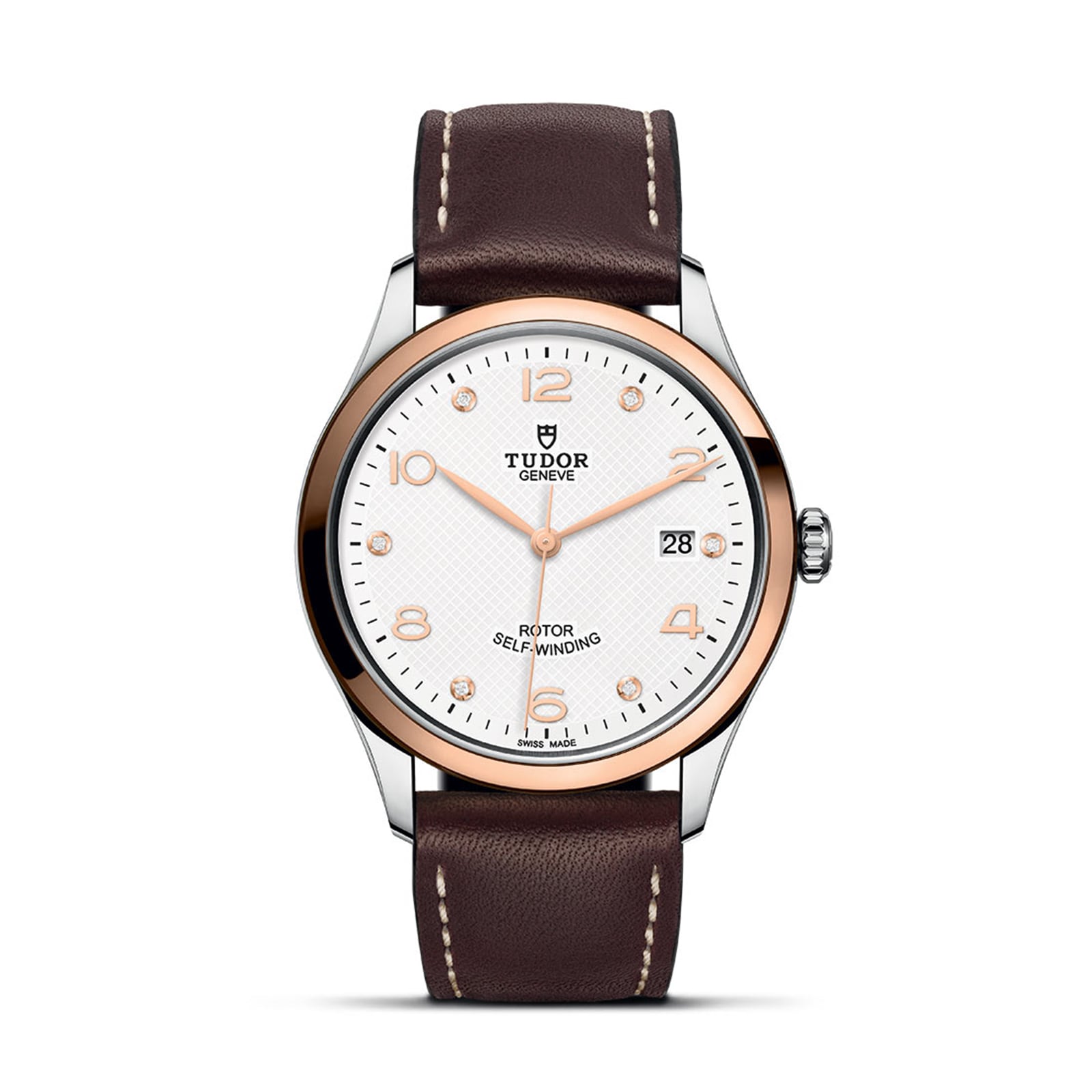 The TUDOR 1926 is a classic, elegant wristwatch featuring a white dial, gold-tone bezel, brown leather strap, date at 3 o’clock, and Rotor Self-Winding text above 6—ideal for mechanical watch enthusiasts.