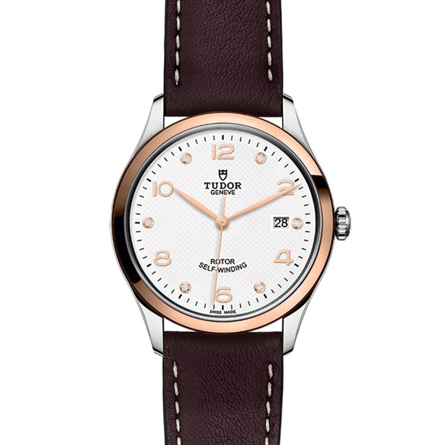 The TUDOR 1926 is a wristwatch featuring a white dial, brown leather strap, gold-tone markers, and a date display.