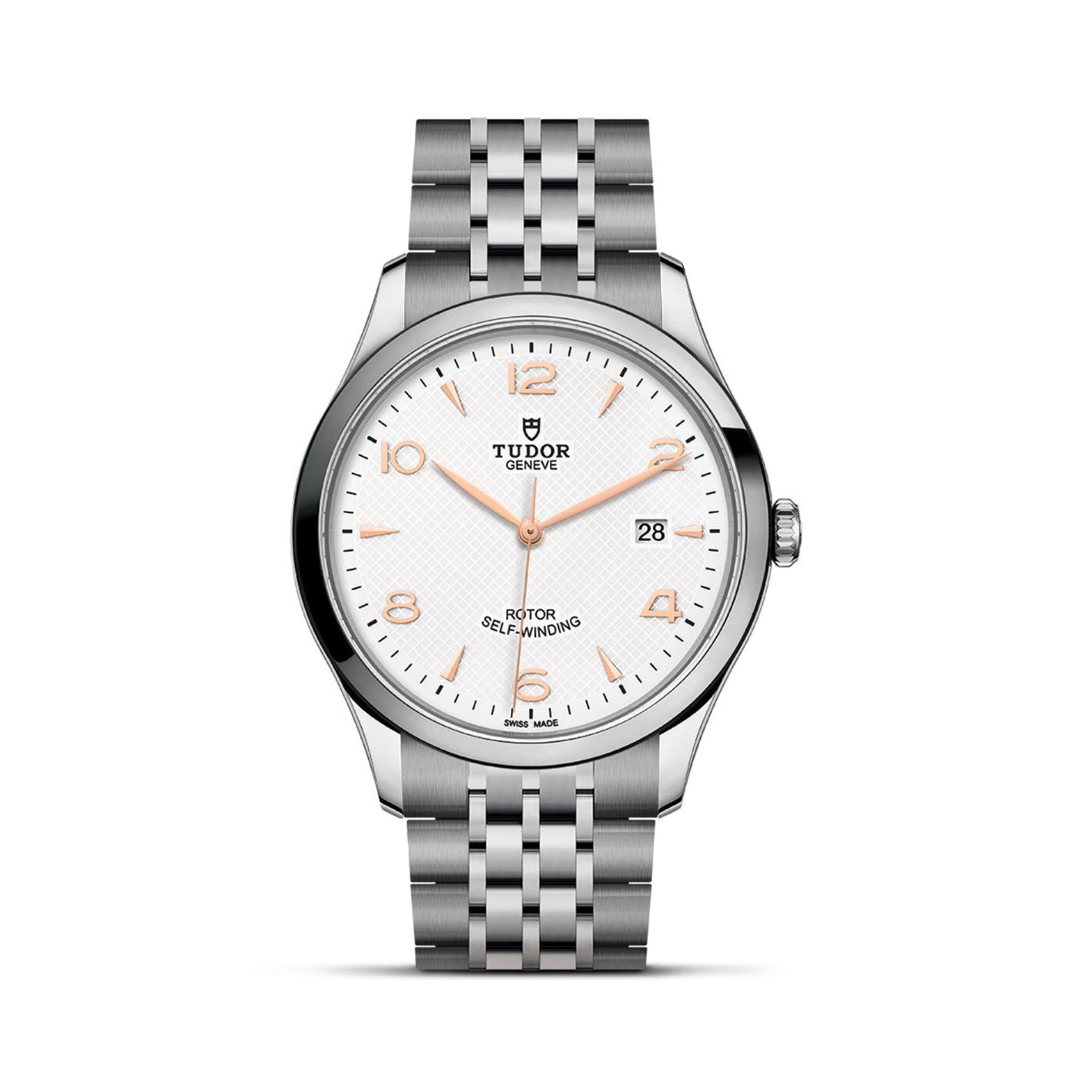 A silver TUDOR 1926 wristwatch with a white dial, gold hour markers, date display, and a stainless steel bracelet—an elegant tribute to mechanical watches inspired by the legacy of Rolex’s founder.