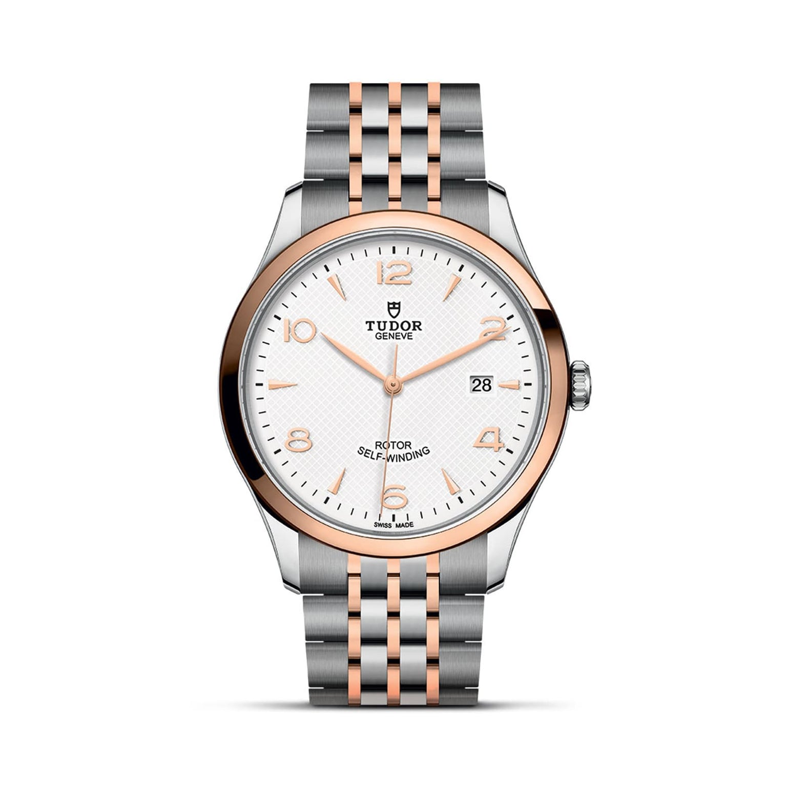 The TUDOR 1926 wristwatch features a silver and rose gold band, white textured dial, gold-tone hands and markers, plus a date display at 3 oclock—an elegant mechanical timepiece from TUDOR.