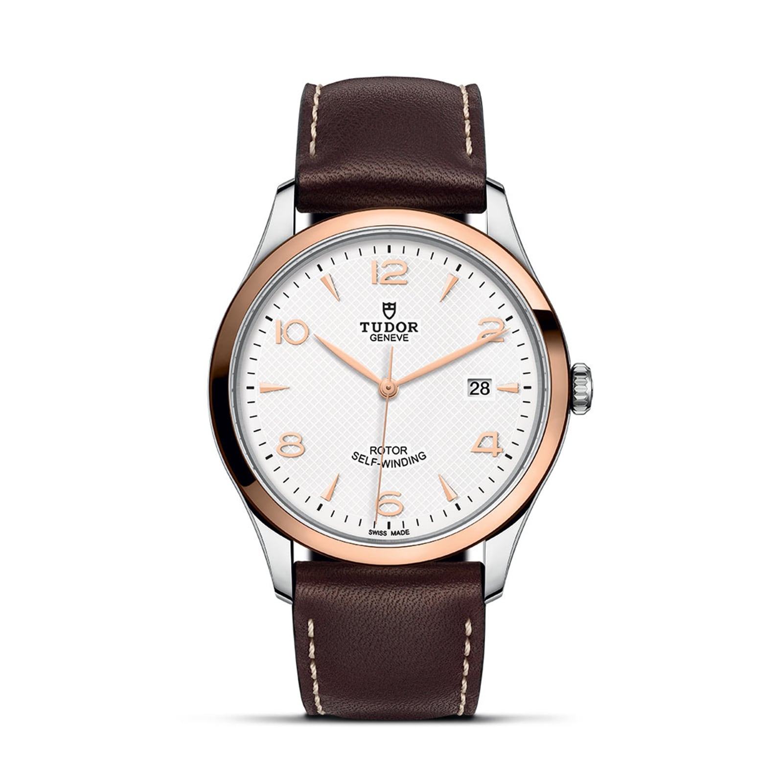 The TUDOR 1926 wristwatch features a white textured dial, gold hour markers, date display at 3 o’clock, and a brown leather strap with white stitching—a timeless choice for classic watch enthusiasts.