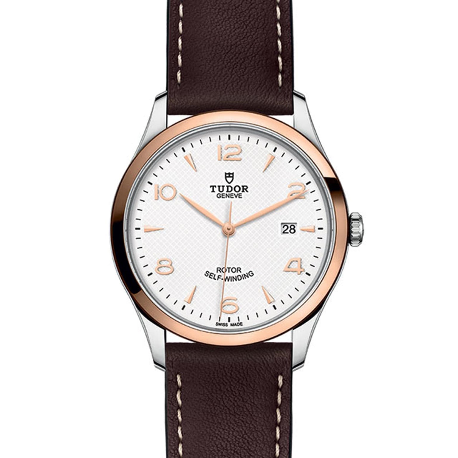 The TUDOR 1926 wristwatch features a brown leather strap, white dial, gold markers, and a date display at 3 oclock.