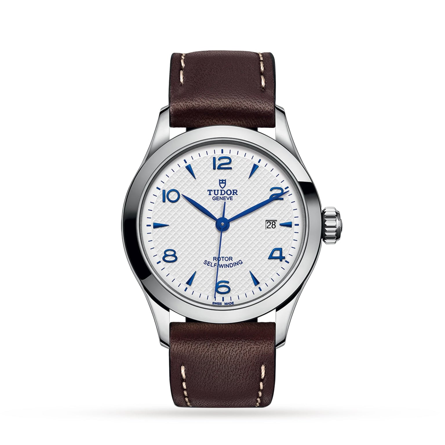 The TUDOR 1926 features a white textured dial with blue numerals and hands, date display, stainless steel case, and brown leather strap—a classic mechanical wristwatch for timeless style.