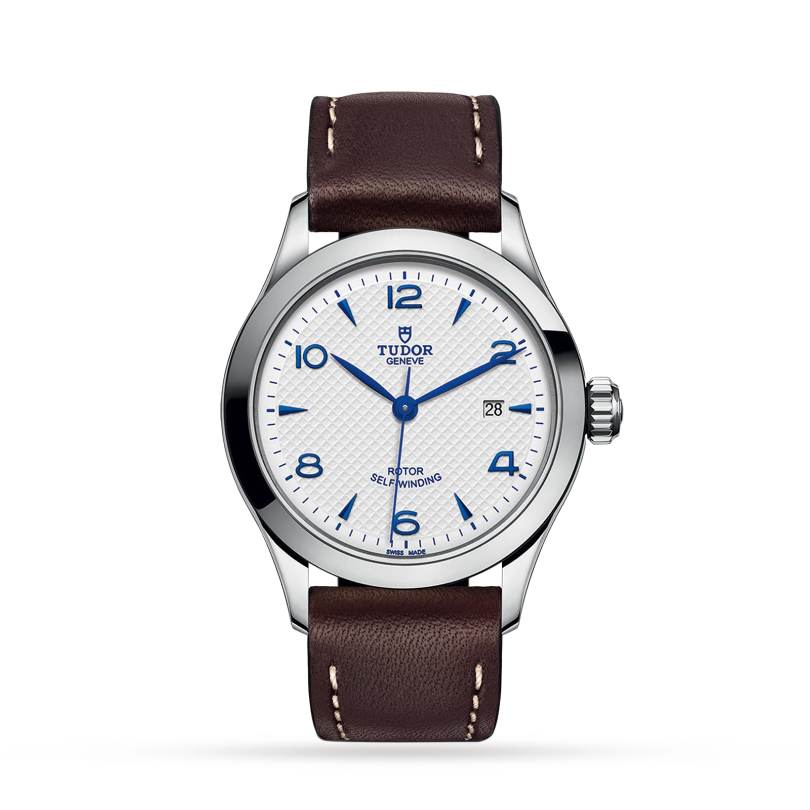 The TUDOR 1926 features a white textured dial with blue numerals and hands, date display, stainless steel case, and brown leather strap—a classic mechanical wristwatch for timeless style.
