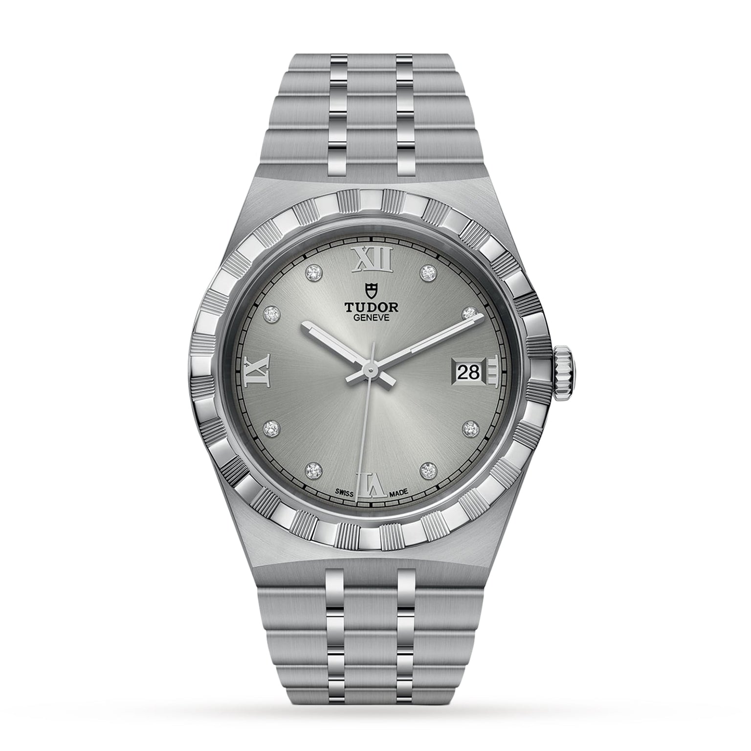 The TUDOR Royal is a stainless steel wristwatch featuring a silver dial with Roman numerals, diamond hour markers, an integrated bracelet, and a date display at 3 o’clock.