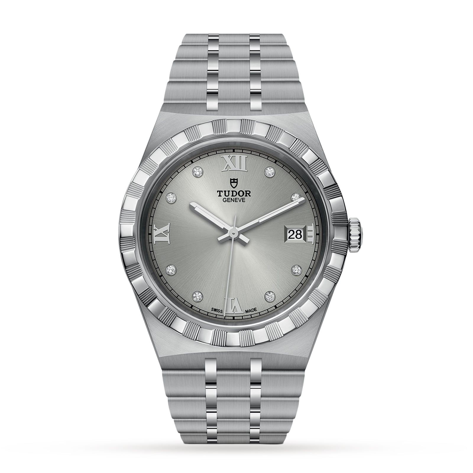 The TUDOR Royal is a stainless steel wristwatch featuring a silver dial with Roman numerals, diamond hour markers, an integrated bracelet, and a date display at 3 o’clock.